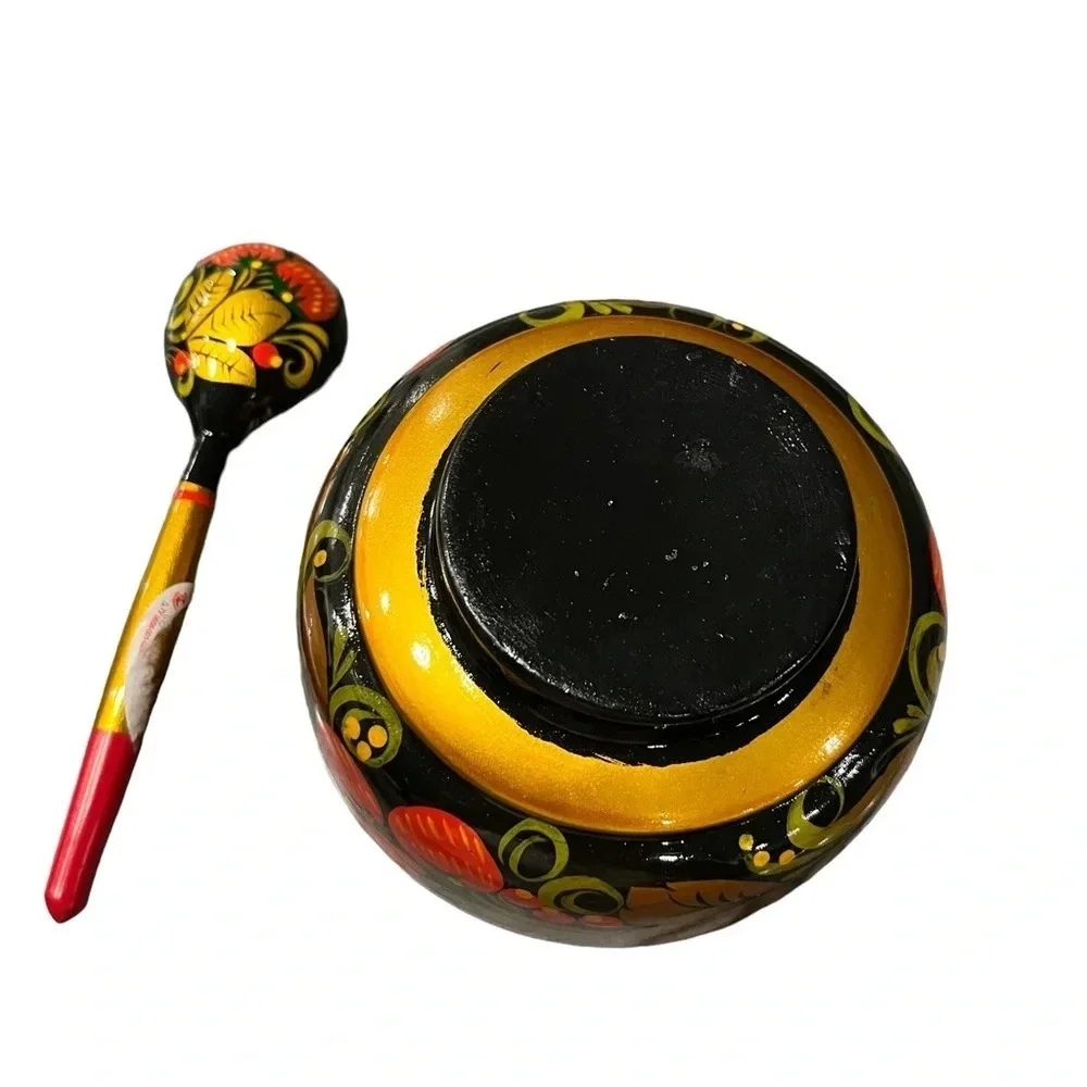 Vintage Russian Folk Art Lacquered Bowl and Spoon Strawberries